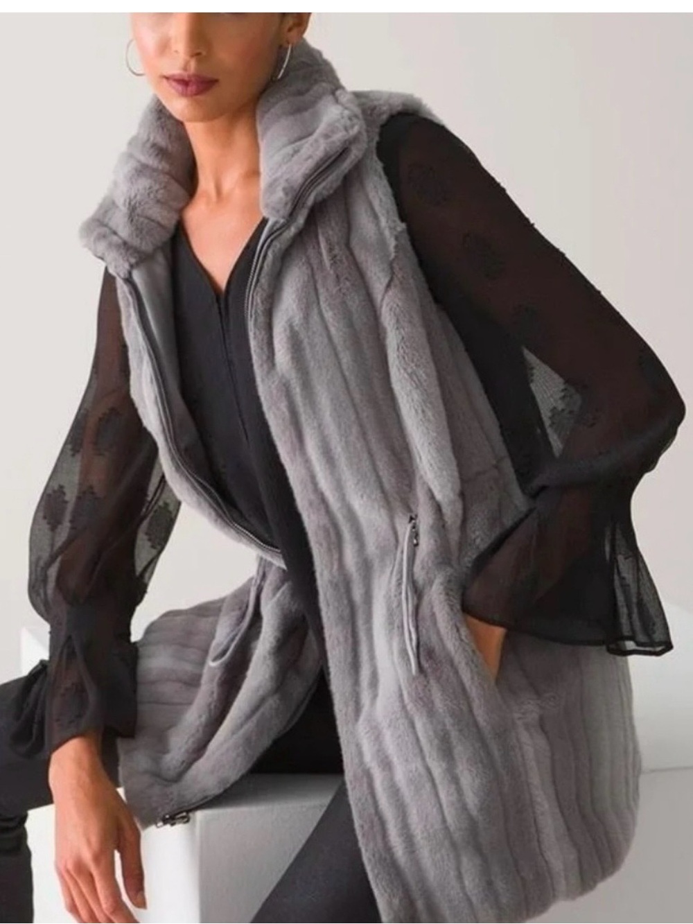 White House Black Market Gray Faux Fur Long Vest